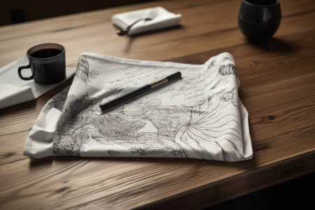 napkin with drawing in black pen at a wooden table, created with generative aiの素材