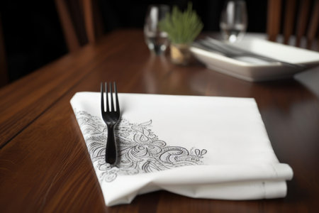 napkin with drawing in black pen at a wooden table, created with generative aiの素材