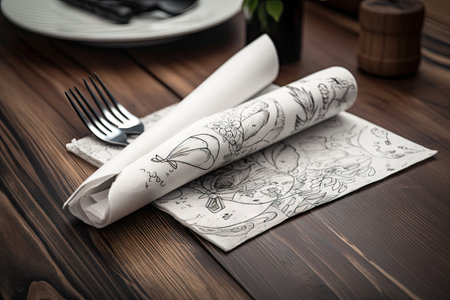 napkin with drawing in black pen at a wooden table, created with generative aiの素材