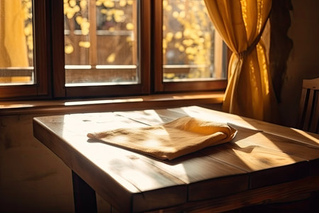 warm wooden table and napkin, with a view to the window, created with generative aiの素材