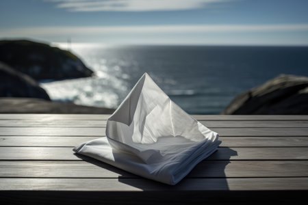a piece of artfully folded napkin with a view of the ocean on wooden table, created with generative aiの素材