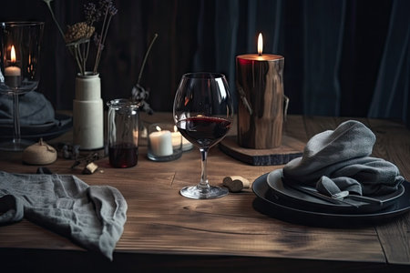 a wooden table with a napkin and glass of wine for a romantic dinner, created with generative aiの素材
