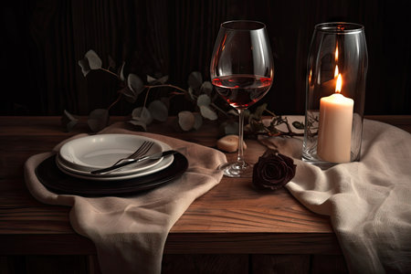 a wooden table with a napkin and glass of wine for a romantic dinner, created with generative aiの素材