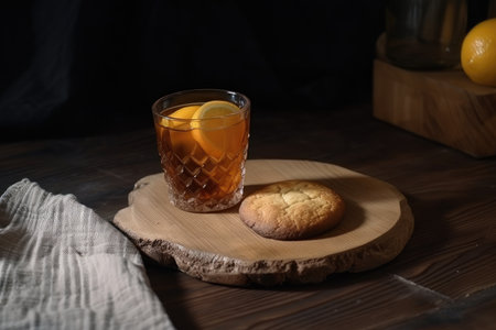 wooden table with a glass of iced tea on a napkin and cookies, created with generative aiの素材
