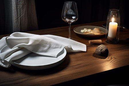 a wooden table, covered with a white linen napkin and set for dinner, created with generative aiの素材