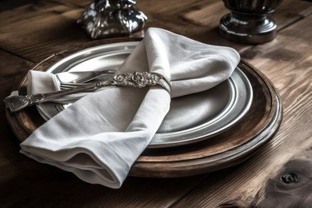 napkin wrapped around silverware on elegant wooden table, created with generative aiの素材