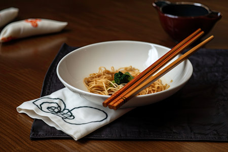a napkin wrapped around a pair of chopsticks, with a bowl of noodles on the table, created with generative aiの素材