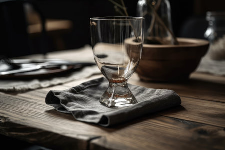 close-up of wooden table with napkin and glass on it, created with generative aiの素材