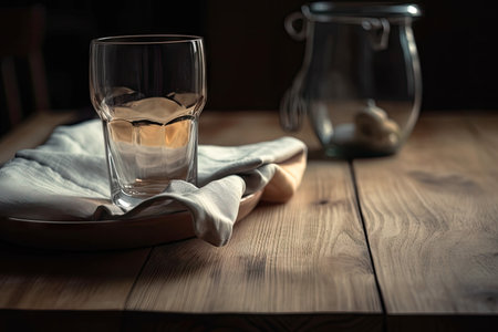 close-up of wooden table with napkin and glass on it, created with generative aiの素材