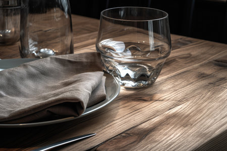 close-up of wooden table with napkin and glass on it, created with generative aiの素材