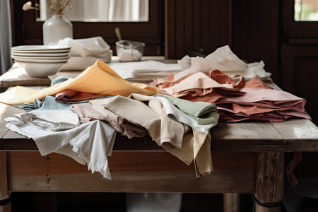 wooden table with a variety of napkins, including cloth and paper, created with generative aiの素材