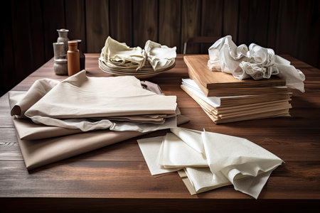wooden table with a variety of napkins, including cloth and paper, created with generative aiの素材