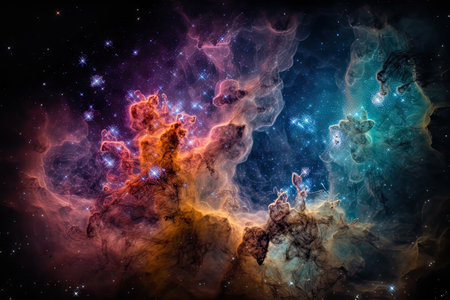 cluster of stars, each with its own nebula, in a fascinating mix of colors and shapes, created with generative aiの素材