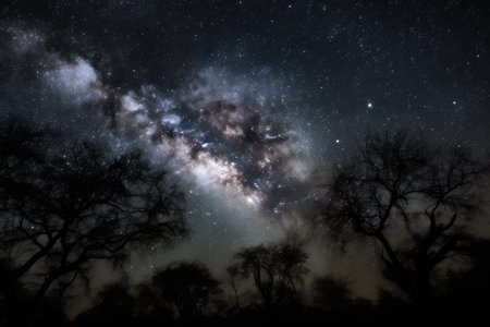 a view of the night sky, with thousands of stars and nebulae shining in the darkness, created with generative aiの素材