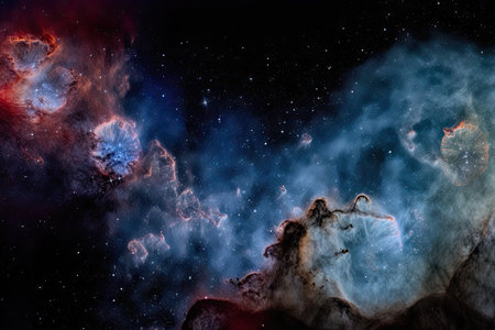 nebulae and star clusters in a cosmic landscape of gas, dust and dark matter, created with generative aiの素材