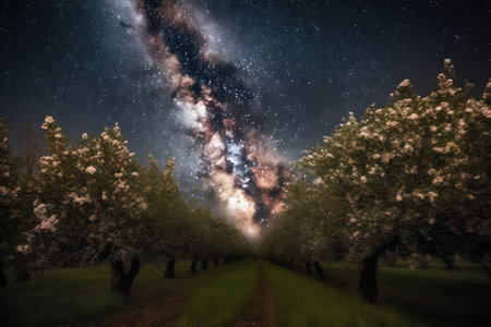 orchard of nebulae and star clusters, with the milky way as a background, created with generative aiの素材