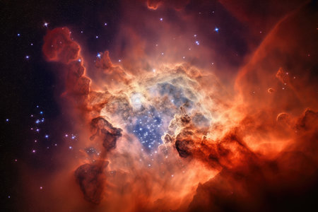 prominent star cluster surrounded by swirling nebulae and dust, created with generative aiの素材
