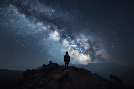 person, looking up at night sky, with view of nebulae and star clusters visible in the background, created with generative aiの素材