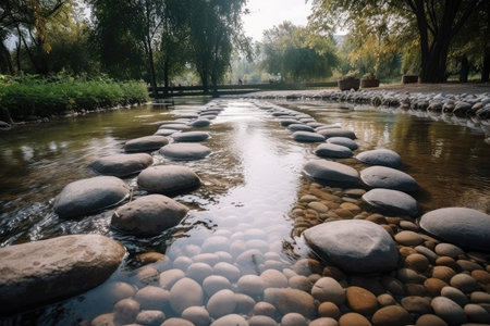 flowing water over smooth pebbles and stepping stones in the park, created with generative aiの素材