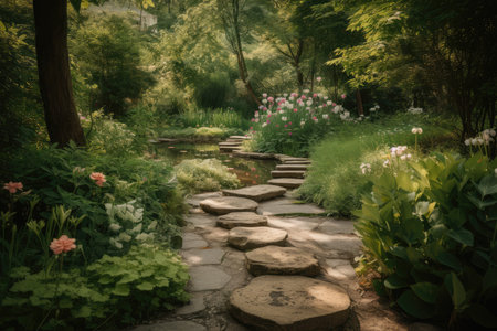 stepping stones surrounded by lush greenery and blooming flowers, created with generative aiの素材