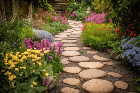 colorful pathway with stepping stones leading the way to a blooming garden, created with generative aiの素材