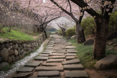 pathway with stepping stones and cherry blossoms in full bloom, created with generative aiの素材