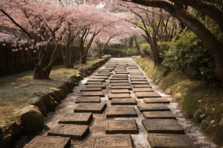 pathway with stepping stones and cherry blossoms in full bloom, created with generative aiの素材