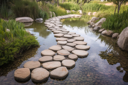 pathway made of interlocking stones, leading to a serene pond, created with generative aiの素材