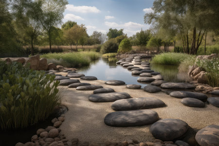field of stones and pathways leading to serene pond, created with generative aiの素材
