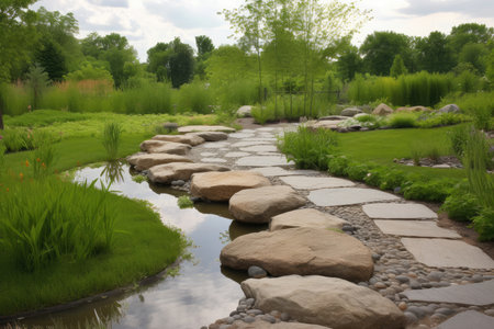 field of stones and pathways leading to serene pond, created with generative aiの素材