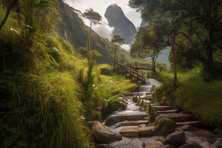 picturesque pathway with a view of towering mountain and cascading waterfall, created with generative aiの素材