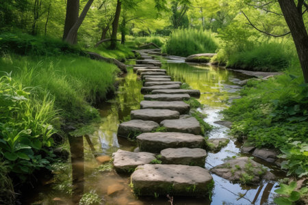 stepping stones that lead across a stream or creek, with greenery and wildlife in the background, created with generative aiの素材
