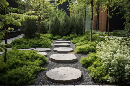 modern garden with sleek and contemporary stepping stones, surrounded by greenery, created with generative aiの素材