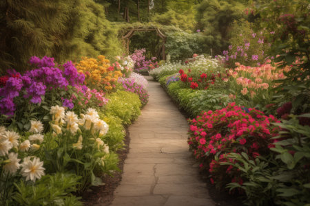 pathway leading through garden, with colorful flowers in bloom, created with generative aiの素材