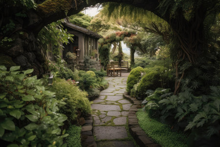 serene garden with lush foliage and stone pathways twisting through the greenery, created with generative aiの素材