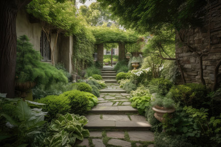 serene garden with lush foliage and stone pathways twisting through the greenery, created with generative aiの素材