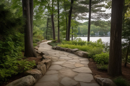 natural stone pathway winding among trees, leading to a serene lake, created with generative aiの素材
