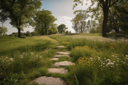pathway through peaceful meadow, with stepping stones and blooming wildflowers, created with generative aiの素材