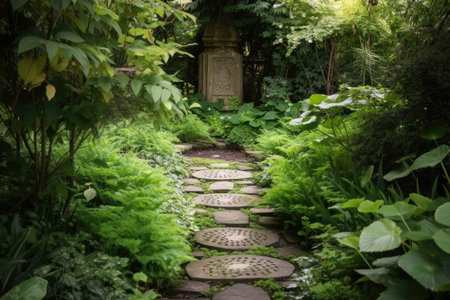 stepping stone path leading to a secret garden, surrounded by lush greenery, created with generative aiの素材