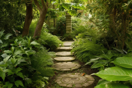stepping stone path leading to a secret garden, surrounded by lush greenery, created with generative aiの素材