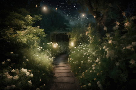midsummer night with the faint glow of the moon and stars shining on a garden path, created with generative aiの素材