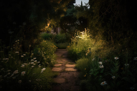 midsummer night with the faint glow of the moon and stars shining on a garden path, created with generative aiの素材
