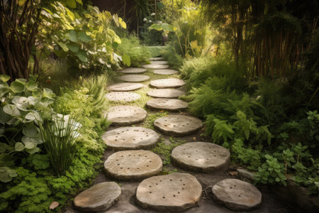 stepping stones in a garden bringing the visitor to an unexpected destination, created with generative aiの素材