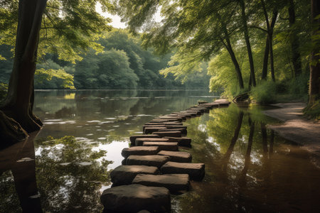 step stones leading to a serene lake, surrounded by towering trees, created with generative aiの素材
