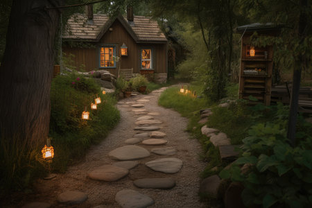 pathway with stepping stones and lanterns leading to cozy cottage, created with generative aiの素材