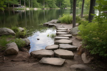 pathway lined with natural stepping stones, leading to serene lake, created with generative aiの素材