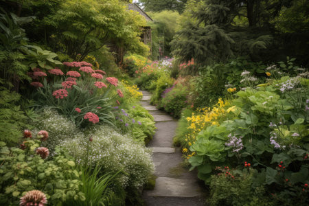 a garden path surrounded by flowering plants and natural foliage, created with generative aiの素材