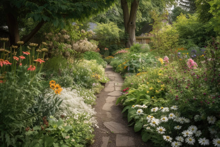 a garden path surrounded by flowering plants and natural foliage, created with generative aiの素材