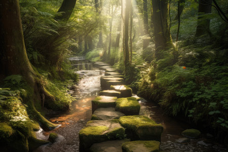 stepping stones through lush forest with trails of sunlight shining through the trees, created with generative aiの素材