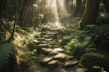 stepping stones through lush forest with trails of sunlight shining through the trees, created with generative aiの素材